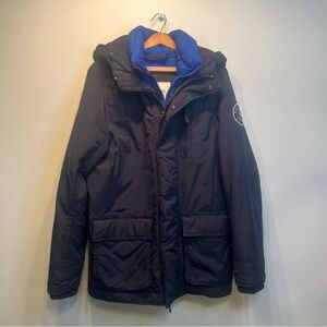 Abercrombie & Fitch Parka Jacket Blue Hood Zip & Snap Pockets Puffer Lining